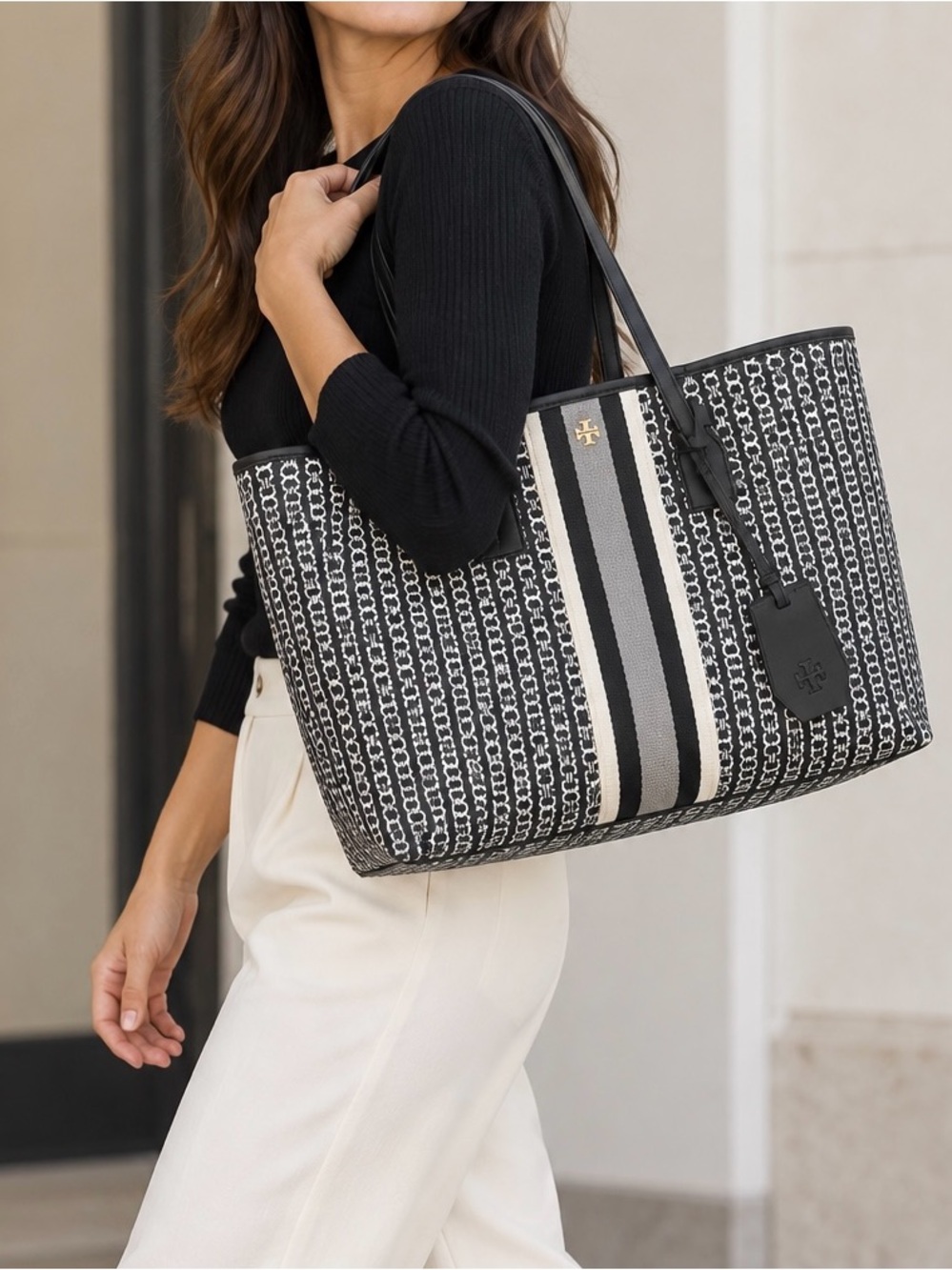 Tory Burch Large Gemini Link Tote Bag Black & White Stripe